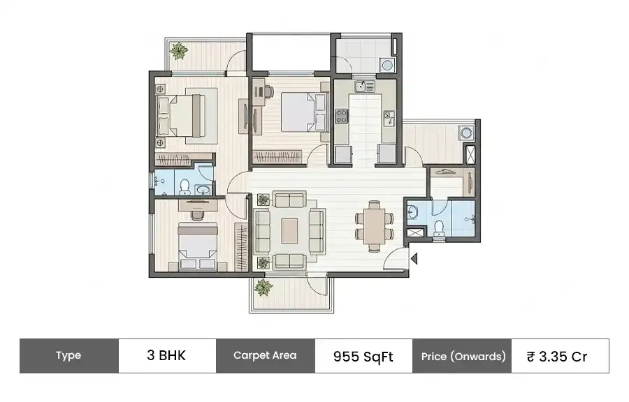 Kanakia Privaasa 3 BHK floor plan, 955 sq ft carpet area